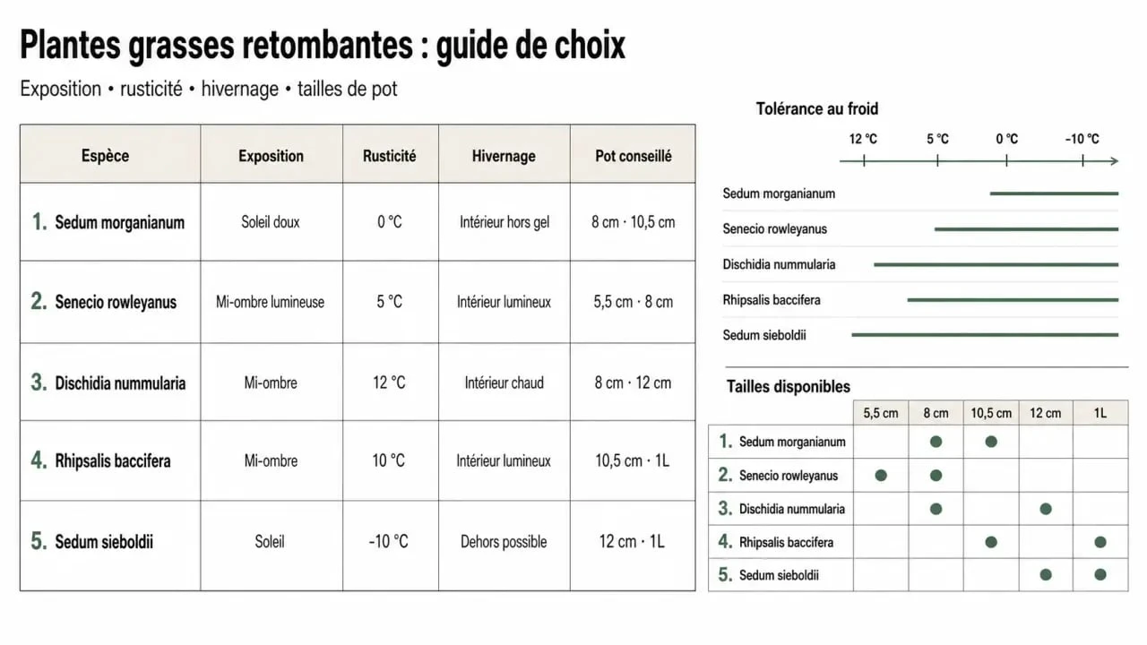 Plantes grasse retombantes : critères de choix avec exposition, rusticité, hivernage et taille du pot