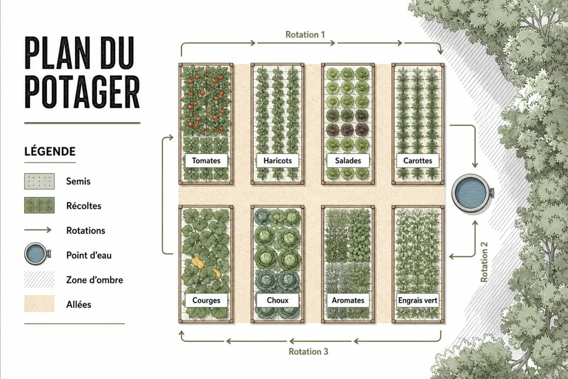 Plan de potager illustré avec planches de culture, allées et zones de plantation