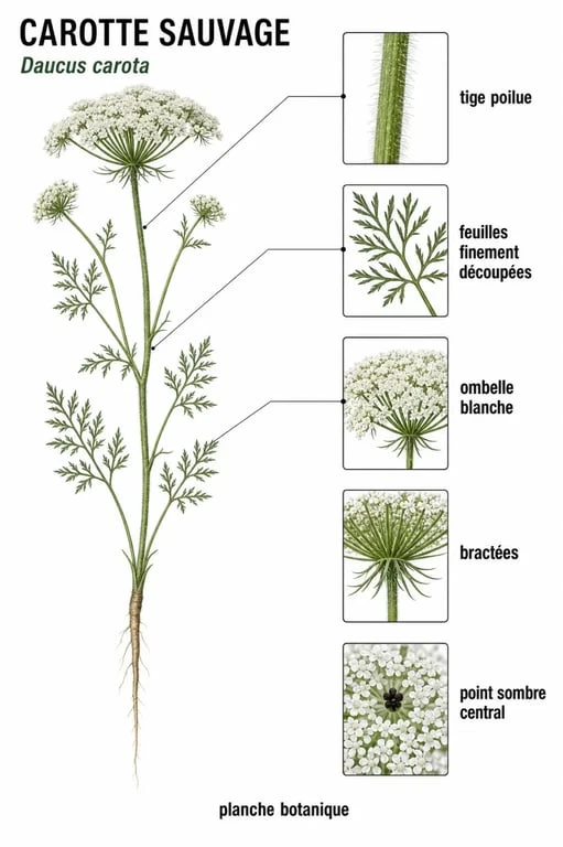 Carotte sauvage comestible : illustration botanique des critères d’identification et des parties de la plante