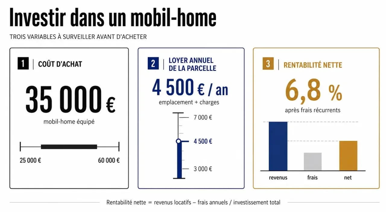 Infographie sur l’investissement mobil home : coûts, charges de parcelle et rentabilité nette