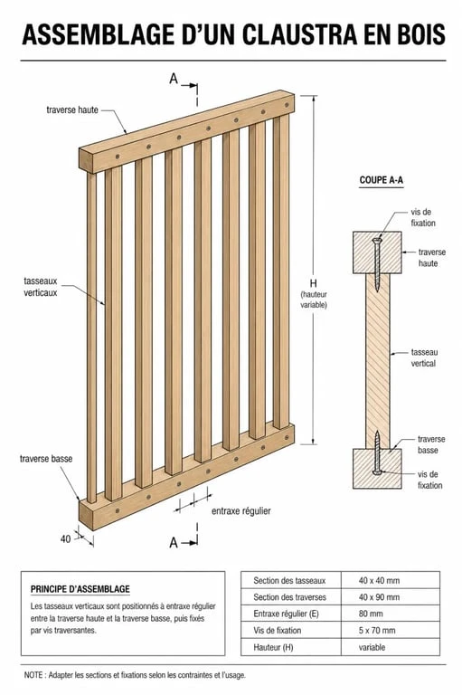 Schéma de montage pour fabriquer un claustra bois sur mesure