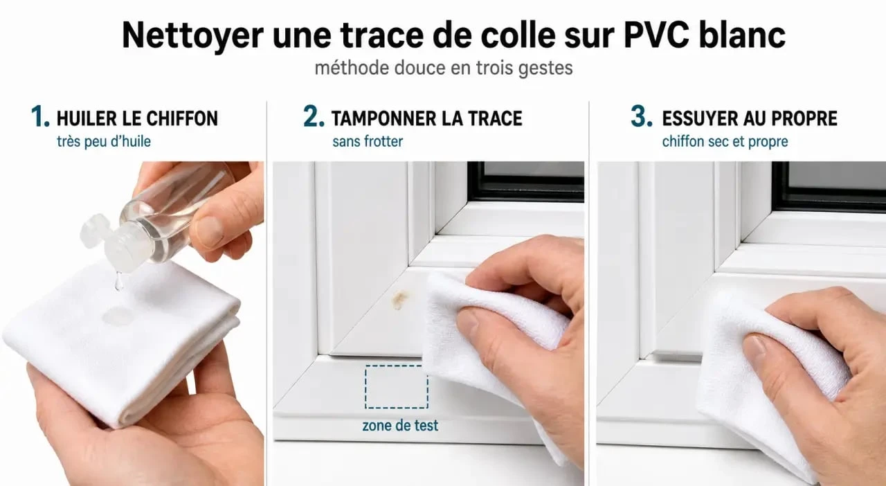 Enlever colle sur pvc fenetre : nettoyage délicat d’un cadre PVC blanc avec chiffon et huile