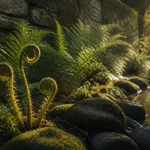 Fougères plantes extérieur en jardin ombragé au golden hour