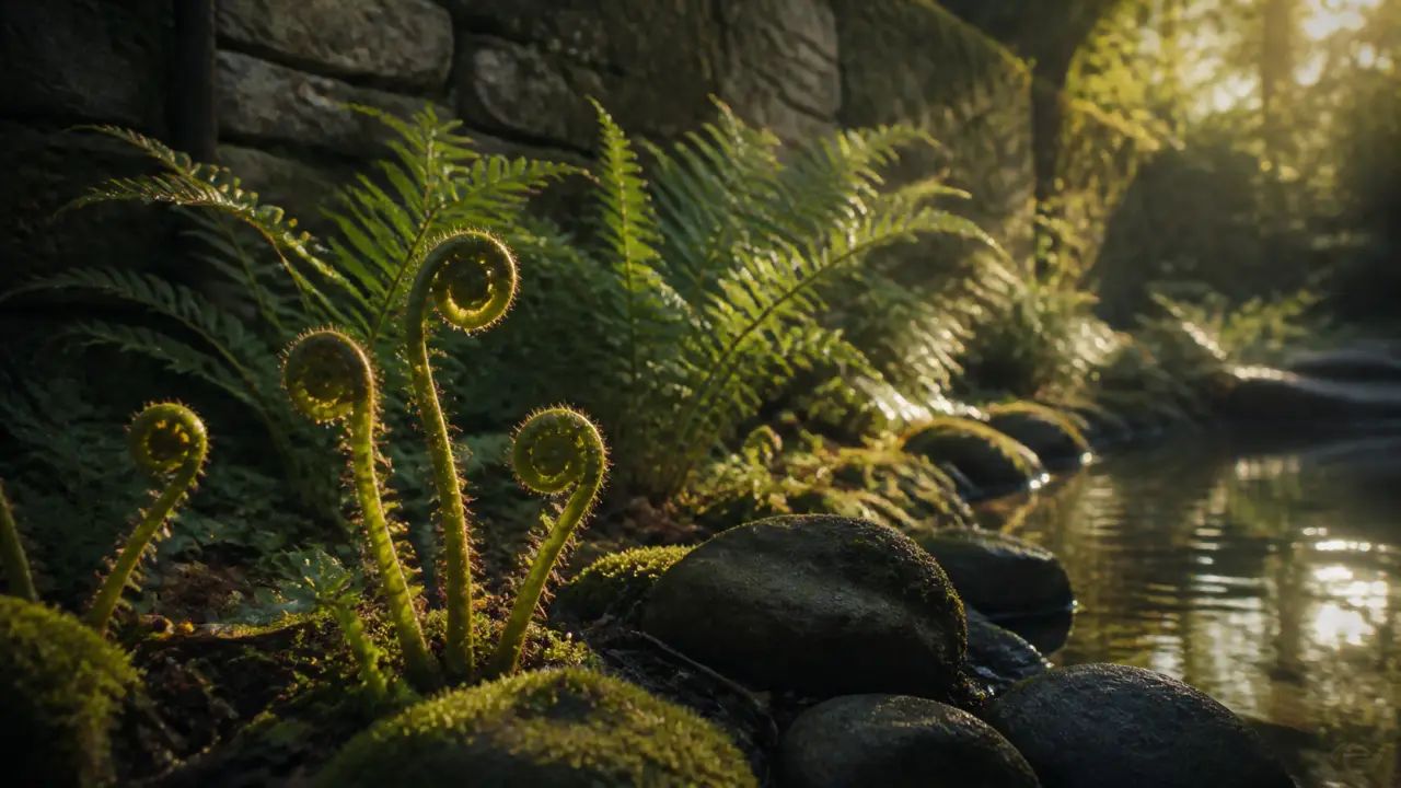 Fougères plantes extérieur en jardin ombragé au golden hour
