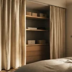 Idée pour fermer un placard sans porte : rideau en lin beige