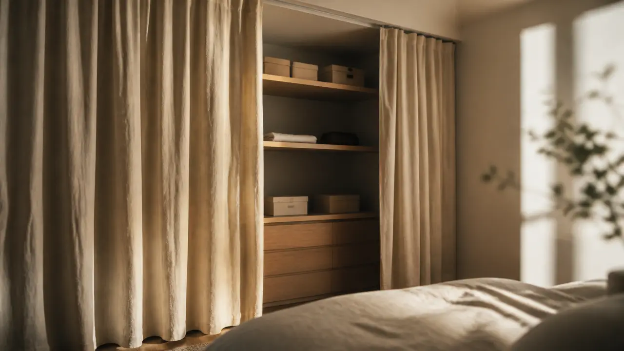 Idée pour fermer un placard sans porte : rideau en lin beige