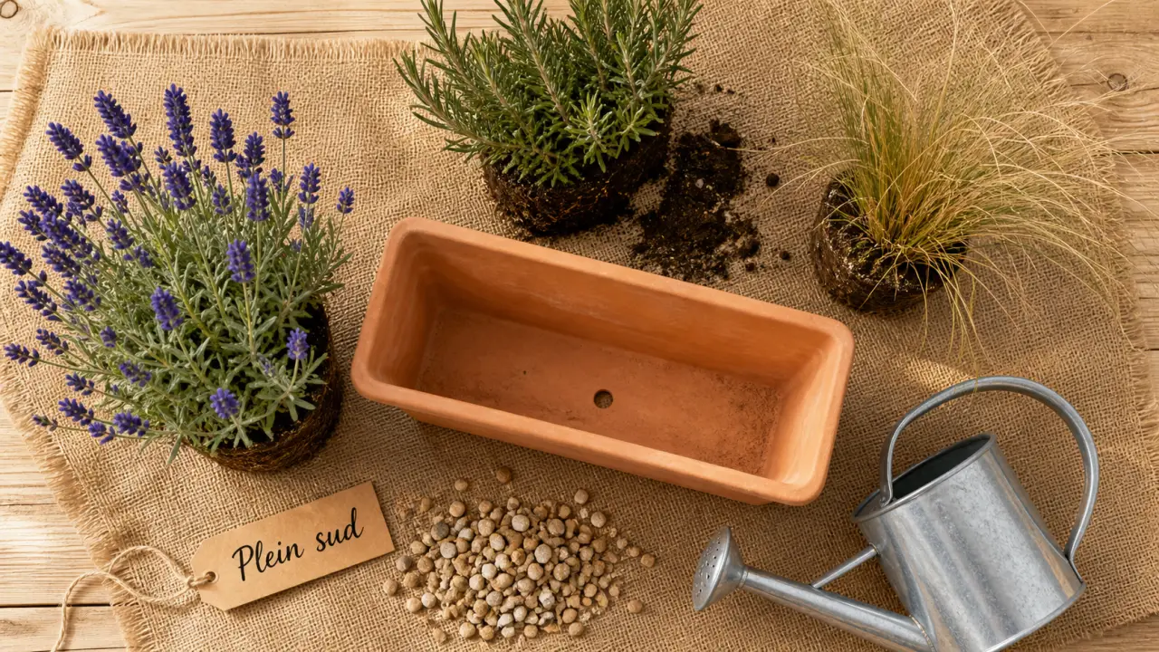 Plantes soleil en pot : lavande, romarin et stipa plein sud