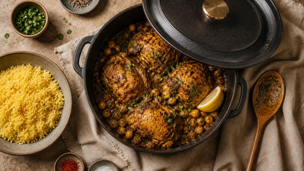 Poulet marocain mijoté au riz safrané, pois chiches et citron confit
