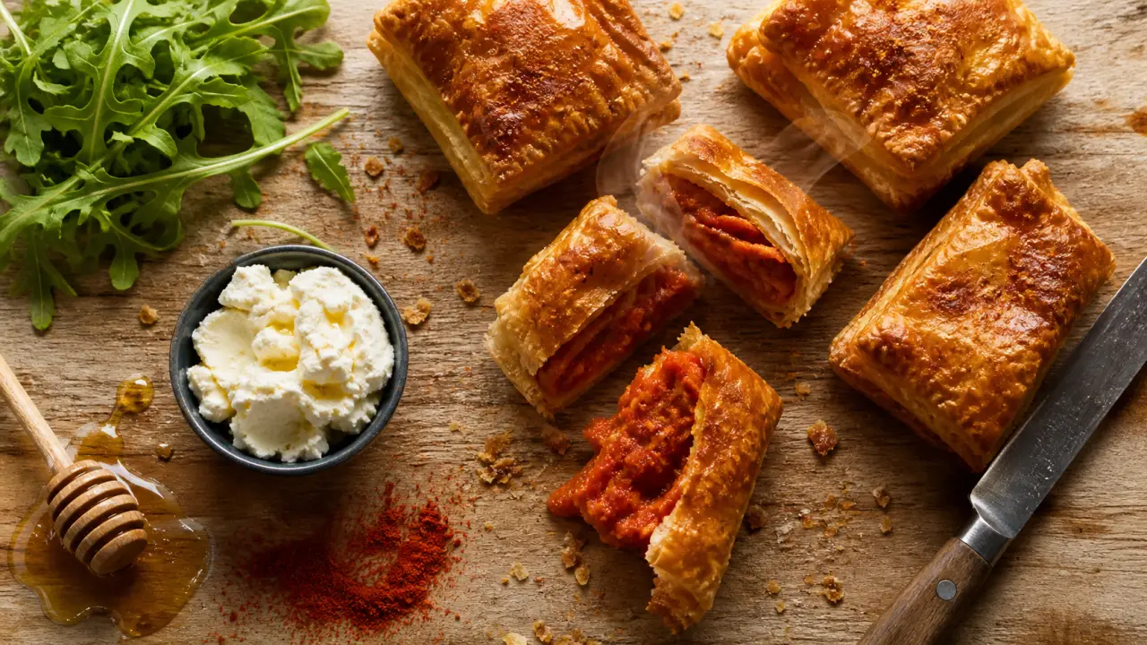 Recettes soubressade : feuilletés fumants à la soubressade, miel et paprika