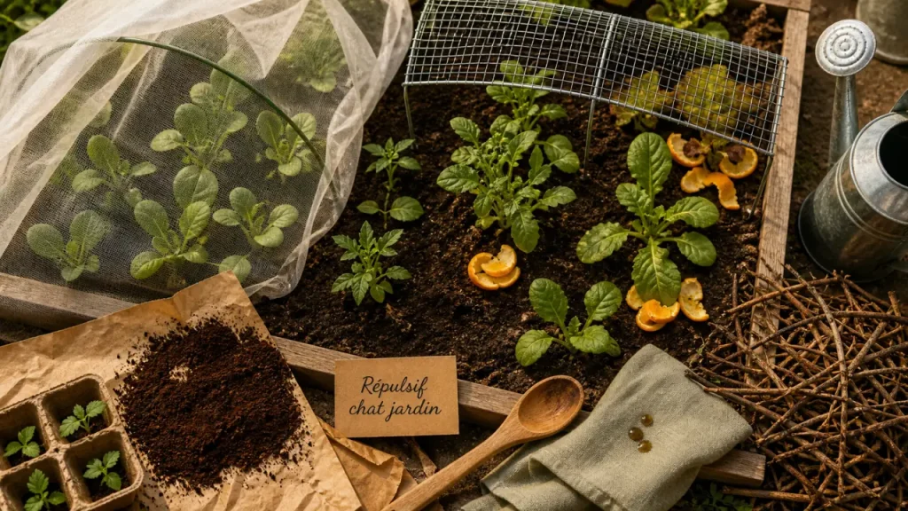 Répulsif chat jardin : odeurs, barrières physiques et solutions qui tiennent