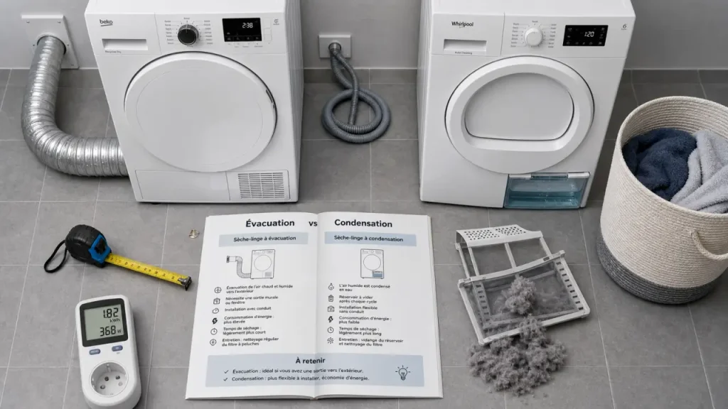 Sèche-linge à condensation ou à évacuation : la gaine, le bac d’eau et la facture changent tout