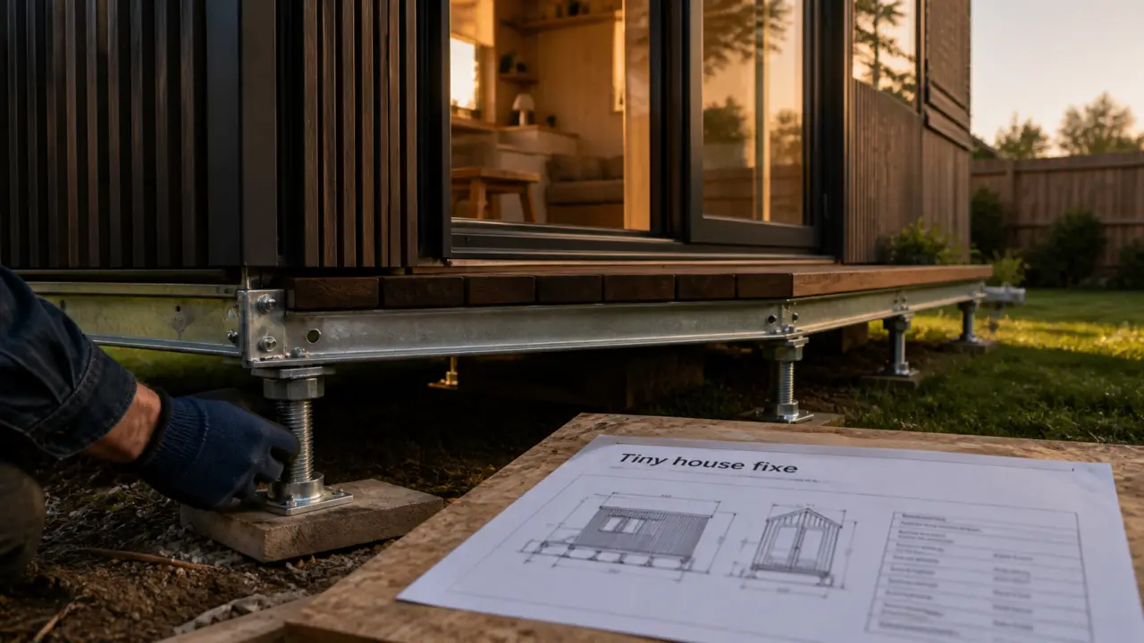Tiny house fixe : main ajuste le châssis pour la stabilité