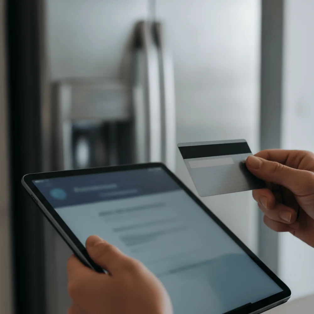 Paiement par carte bancaire sur tablette pour un achat de frigo américain en plusieurs fois