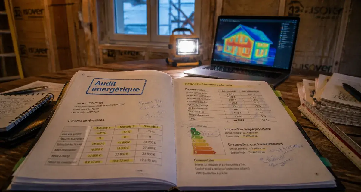 Audit énergétique exemple : rapport, scénarios de travaux et budget sur table