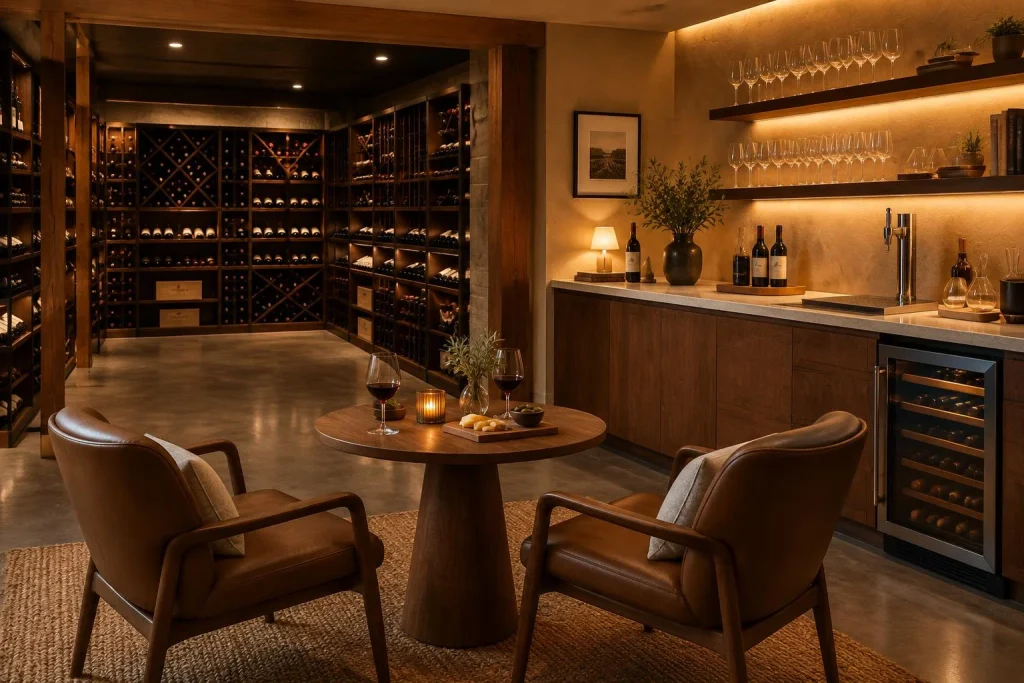 Une cave à vin conviviale se construit autour de trois zones : stockage, service et dégustation