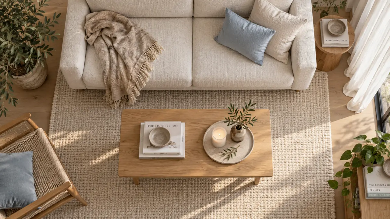 Déco scandinave cocooning : salon clair, chêne miel et textiles en lin