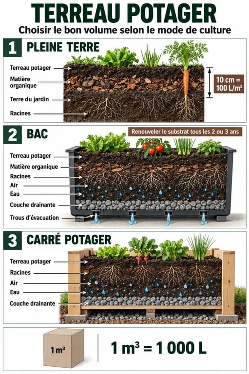Infographie sur l’utilisation du terreau potager en pleine terre, en bac et en carré potager