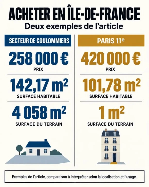 Infographie comparative pour un achat de maison en Île-de-France entre le secteur de Coulommiers et Paris 11e