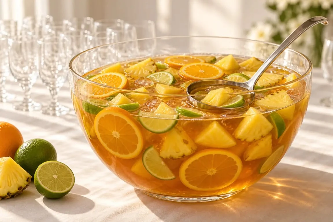 Punch recette 40 personnes servi dans un grand saladier avec fruits frais