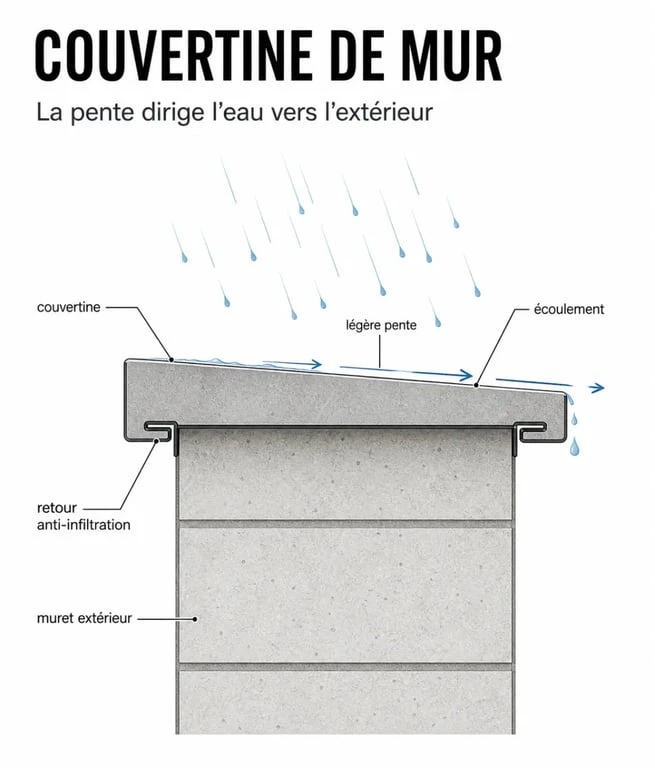 Couvertine mur en coupe avec écoulement de l’eau sur un muret extérieur
