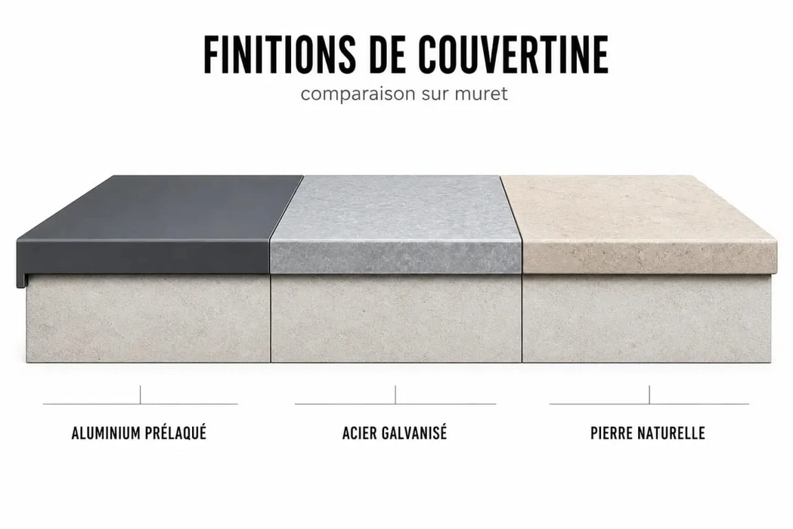 Couvertine mur : comparaison visuelle aluminium, acier galvanisé et pierre naturelle