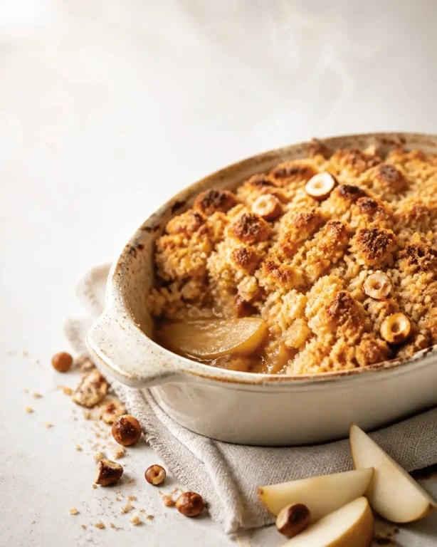 Dessert d automne crumble pommes-poires-noisettes servi tiède dans un plat rustique