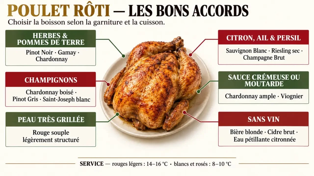 Que boire avec un poulet rôti : accords entre garnitures, vins, bière, cidre et boissons sans alcool