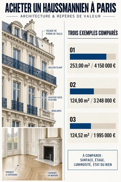 Acheter appartement haussmannien Paris : critères architecturaux et exemples de comparaison des annonces