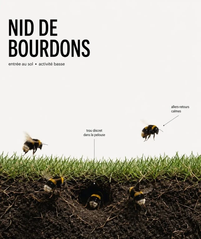 Nid de bourdon dans la terre que faire : trou discret dans la pelouse avec des bourdons entrant et sortant