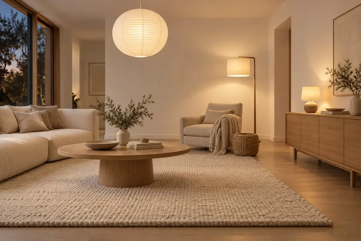 Éclairage et matières d’une déco scandinave cocooning dans un salon chaleureux