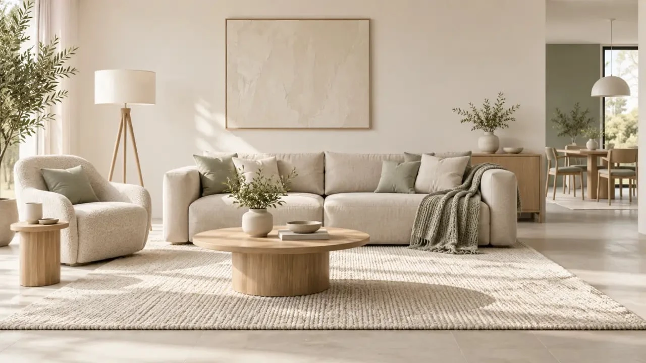 Salon en déco scandinave cocooning avec bois clair, textiles naturels et lumière douce