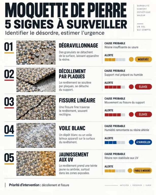 Infographie sur les causes d’un problème de moquette de pierre : dégravillonnage, fissures, humidité et jaunissement