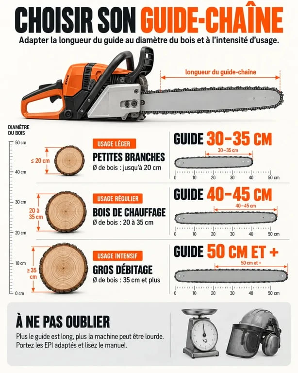 Comparatif de tronçonneuses selon le diamètre du bois et la longueur du guide-chaîne