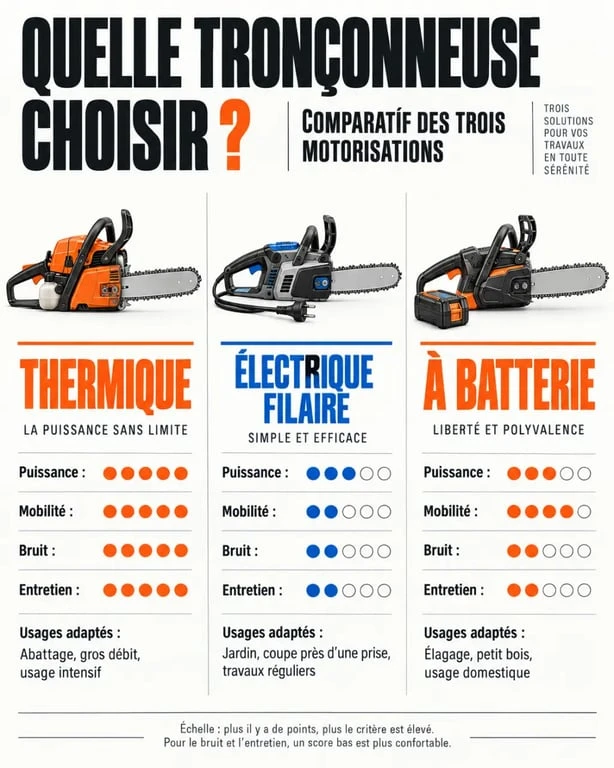 Comparatif de tronçonneuses thermiques, électriques et à batterie selon l’usage, le bruit et la mobilité