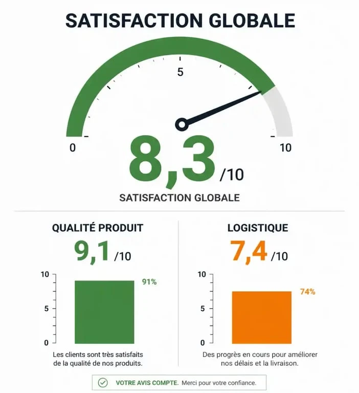 Infographie récapitulative de la satisfaction client pour MeublerDesign, illustrant les avis sur le meuble design.