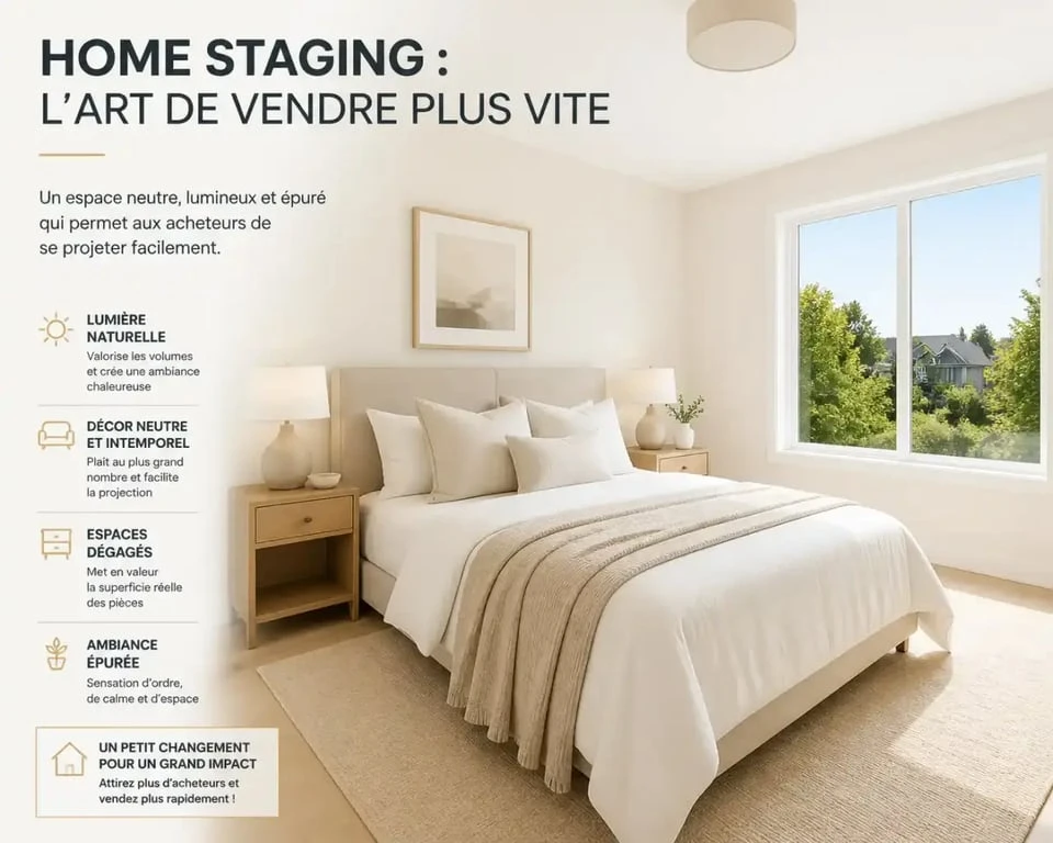 Chambre en home staging avec murs neutres et lumière naturelle valorisant l'espace