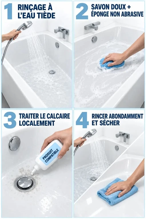 Nettoyage de baignoire en quatre étapes avec éponge douce, détartrage et séchage à la microfibre