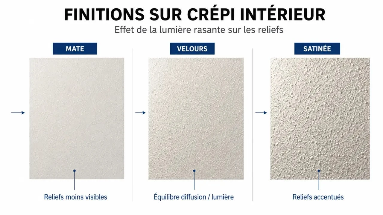 Peinture pour crepis interieur : comparaison des finitions mate, velours et satinée sur crépi