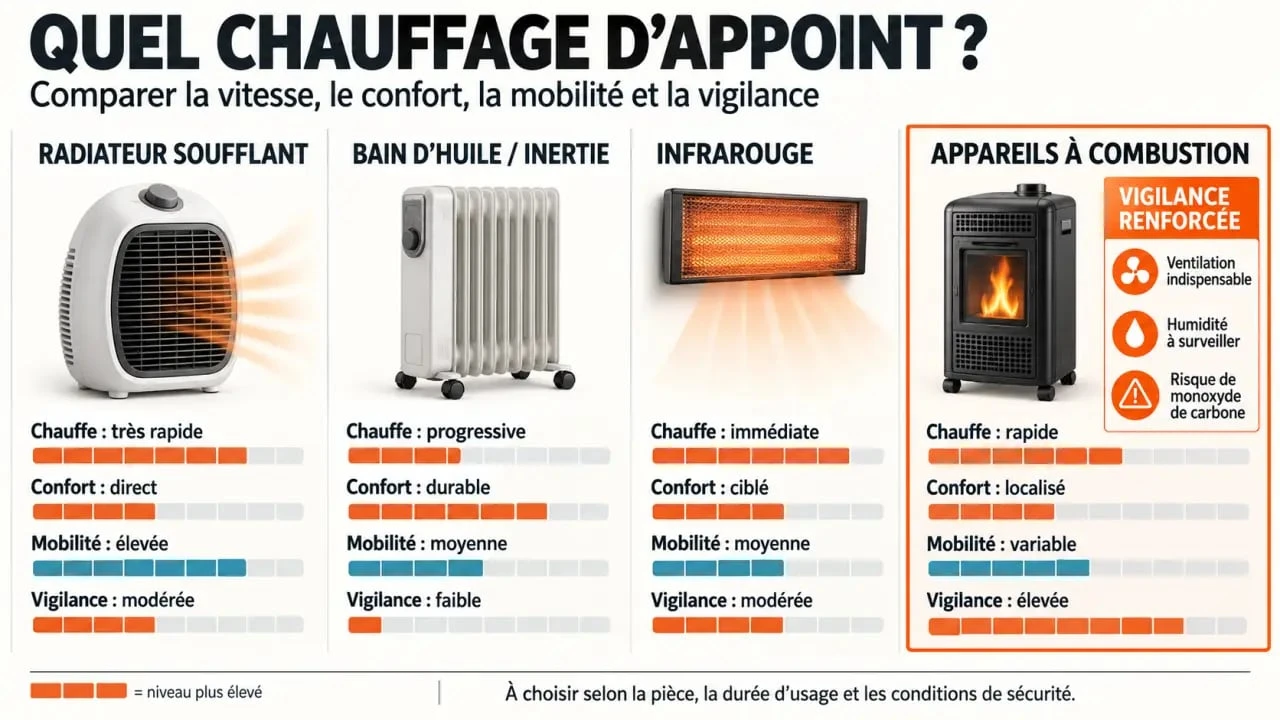 Meilleur chauffage d'appoint : infographie comparative des appareils électriques, infrarouges et à combustion