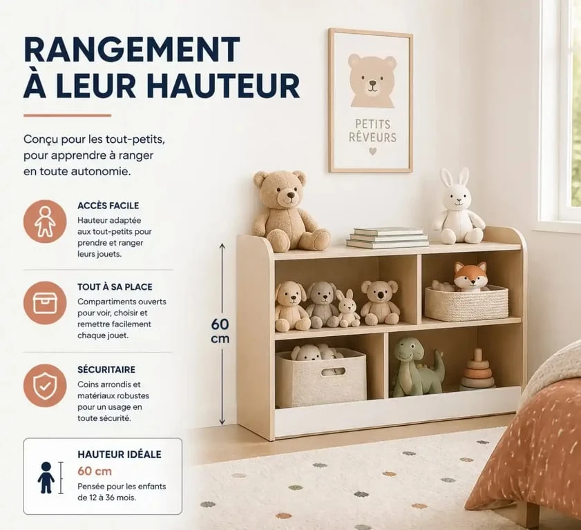 Rangement doudous à hauteur d'enfant pour favoriser l'autonomie dans une chambre