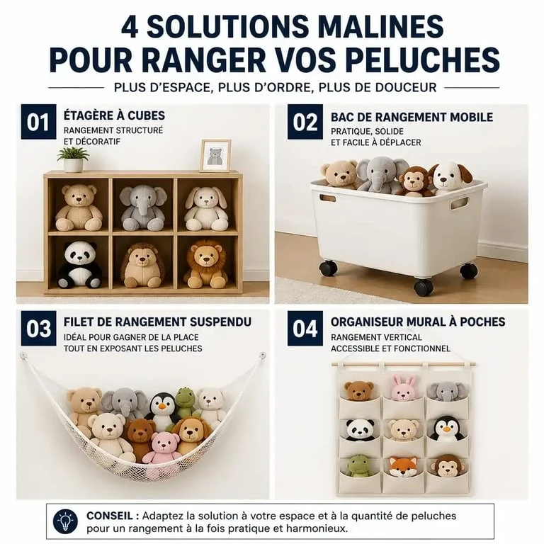 Comparatif des solutions de rangement doudous : meubles à cases, bacs, filets et pochettes murales