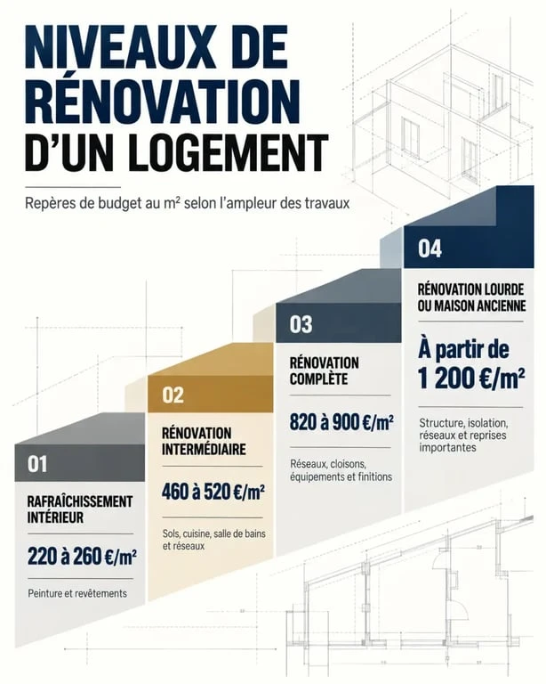 Entreprise renovation : infographie des niveaux de travaux et budgets au mètre carré