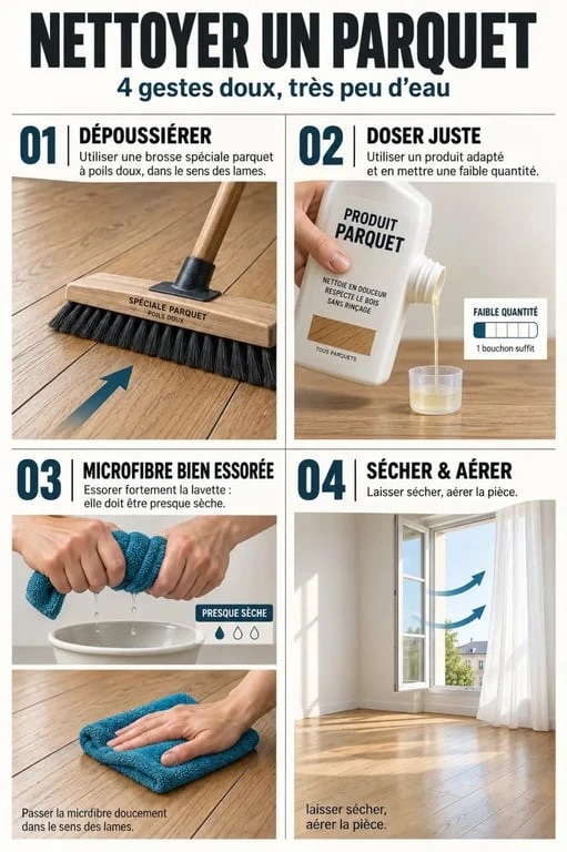 Les quatre étapes du parquet nettoyage avec dépoussiérage, microfibre essorée et séchage