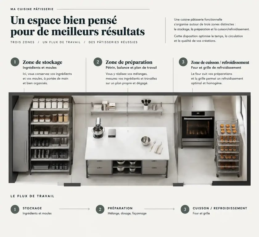 Schéma d'organisation pour aménager une cuisine fonctionnelle pour réussir ses pâtisseries maison, montrant les trois zones de travail.