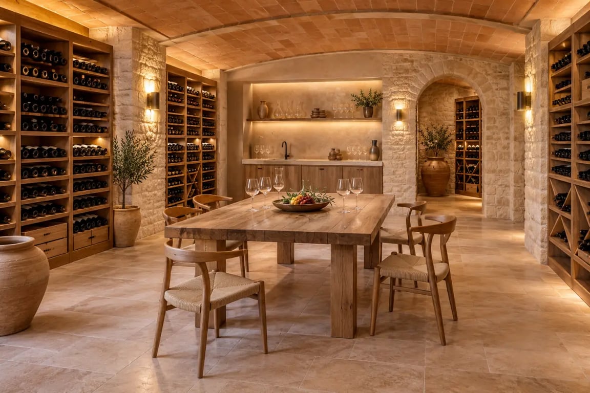Aménager une cave à vin conviviale pour recevoir ses amis avec table de dégustation et rangements en bois