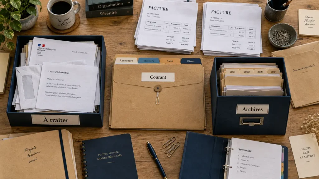Organiser ses papiers administratifs avec 3 zones, action, courant et archives