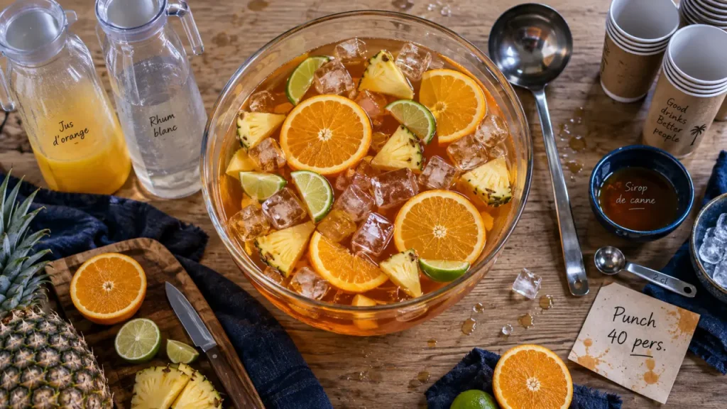 Punch pour 40 personnes : 10 litres à l’apéritif, 20 litres pour toute la soirée