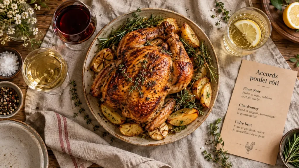Le poulet rôti s’accorde avec un rouge souple ou un blanc vif, selon la garniture