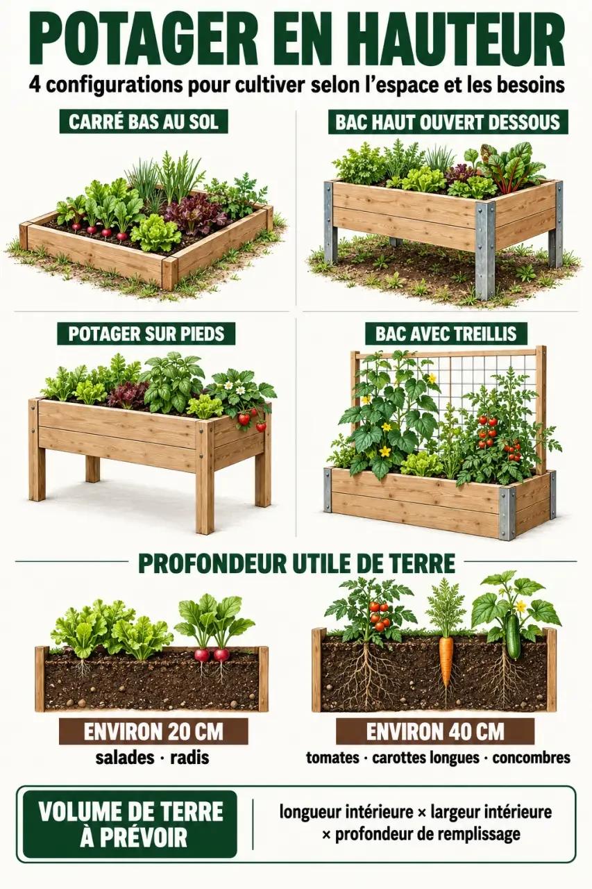 Infographie comparative des modèles et profondeurs d’un potager en hauteur