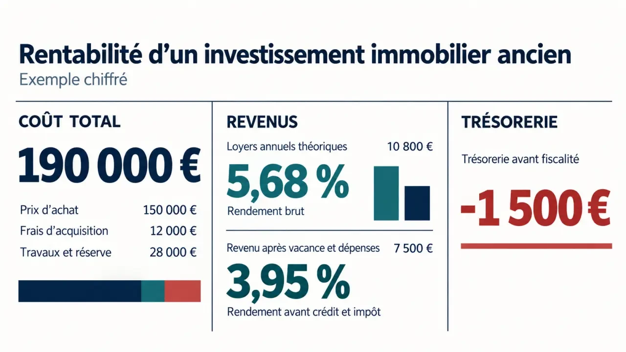 Investissement immobilier ancien : exemple chiffré du coût total, du rendement et de la trésorerie
